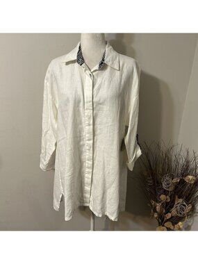 NWT John Mark Button Up Shirt Ivory Oversized Roll-tab Sleeve 100% Linen Sz M